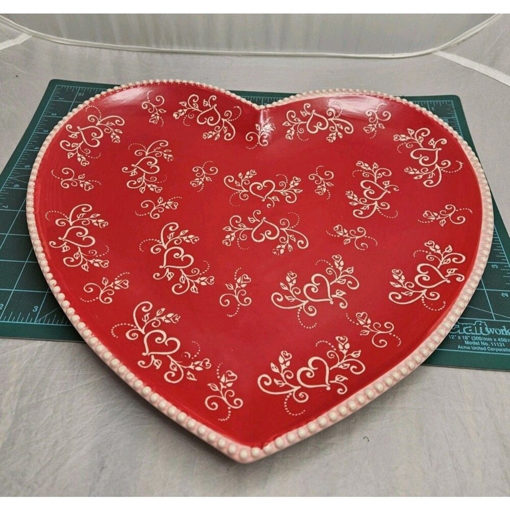 Rare Temptations Floral Lace Romance Red White Heart Shaped Platter Tray